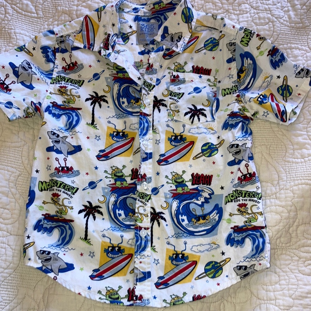 Fun boys tropical Hawaiian monster space button down short sleeve size 7 cotton